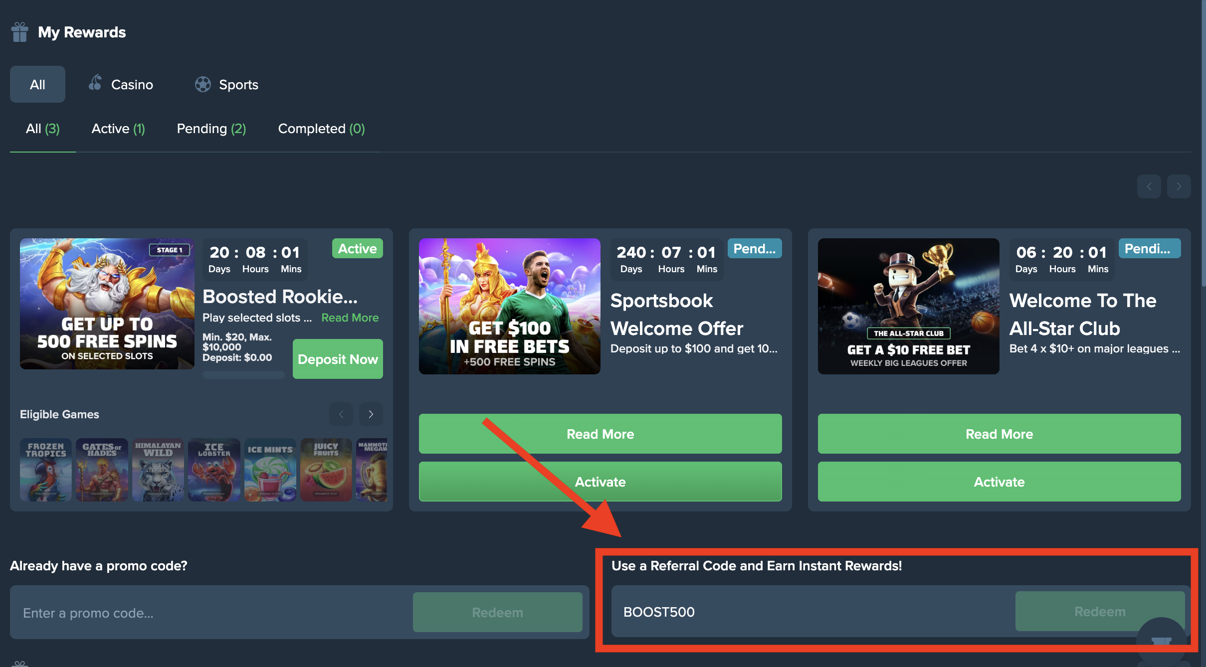 enter referral code duelbits